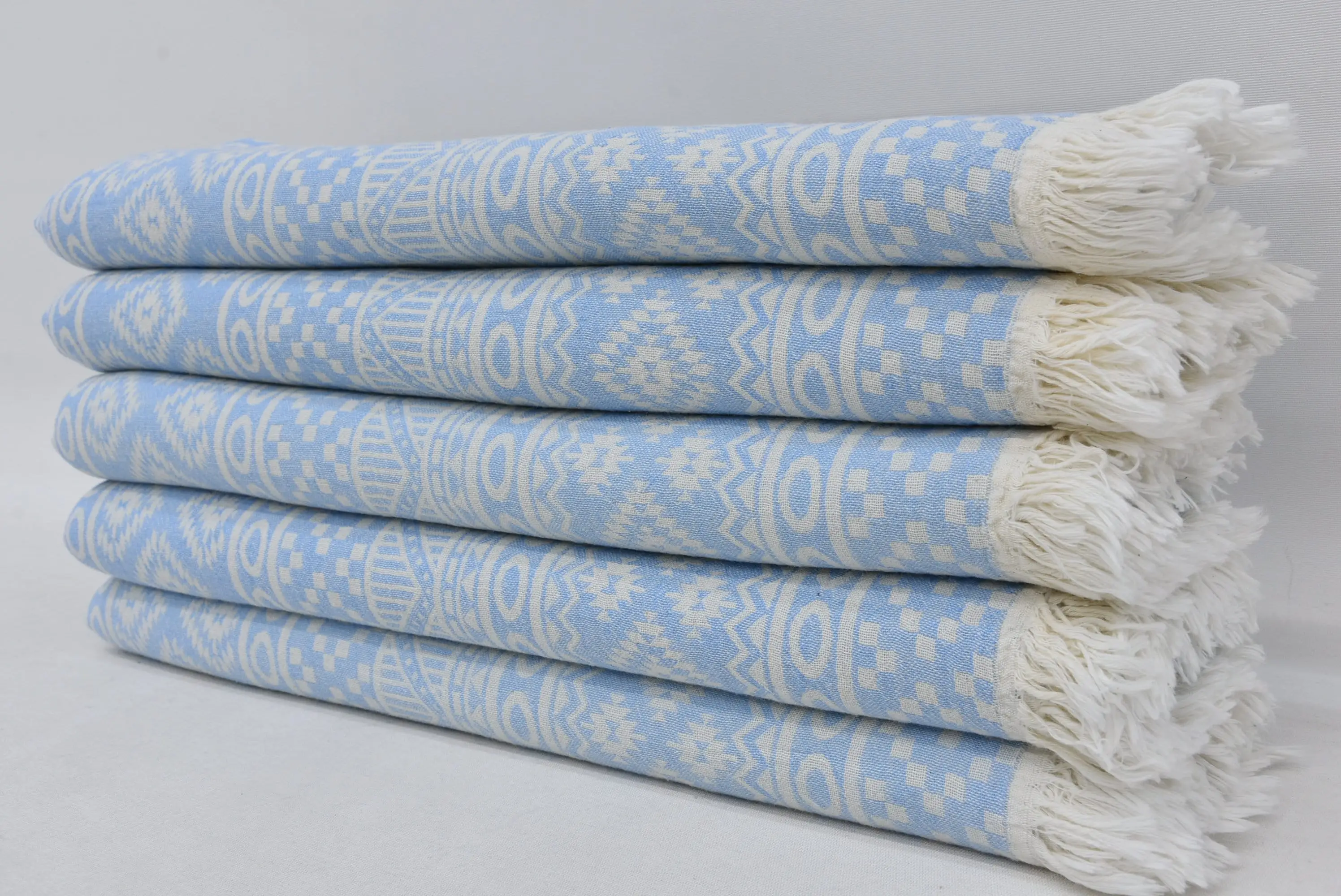 Wedding Gift Turkish Bath Towel Light Blue Aztec Design, 36x70 inches - 1