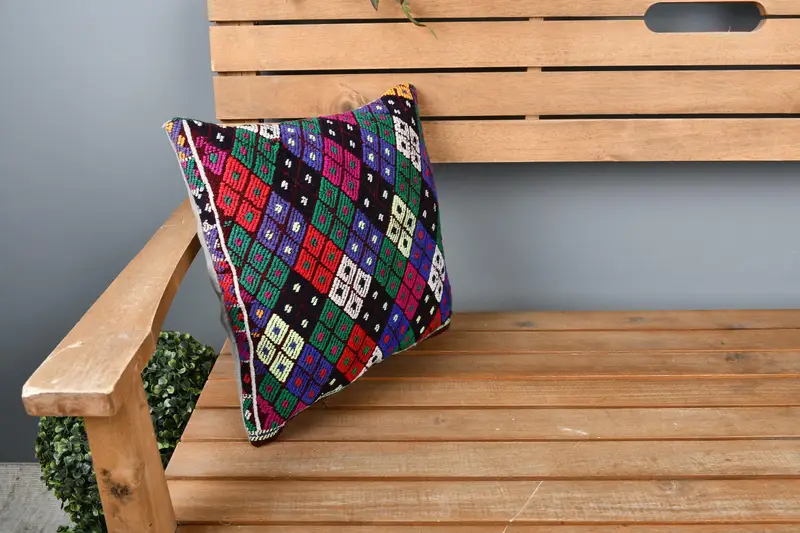 Turkish Pillow, Aztec Cushion, Boho Throw Pillow, Kilim Pillow, 14x14 Rainbow Pillow Cover, Handmade Kilim Cushion, Pillow, Couch Cushion Cover - 1