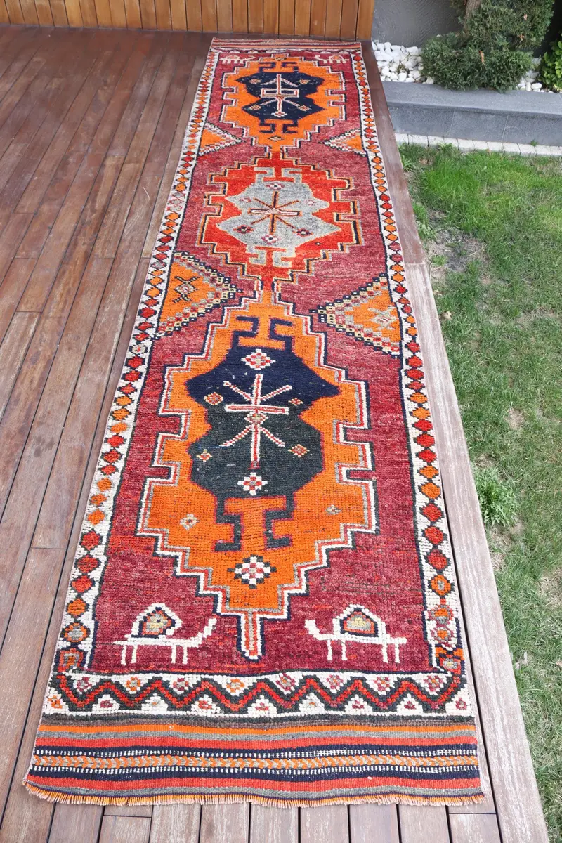 El Yapımı Fas Halısı, 2,9x13,3 ft Mor ve Turuncu