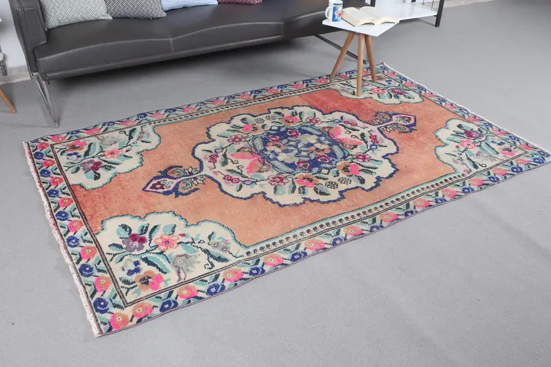 Oushak Türkischer Teppich, 4,4x7,3 ft Vintage Teppich, Orange gepunkteter Wollteppich - 1