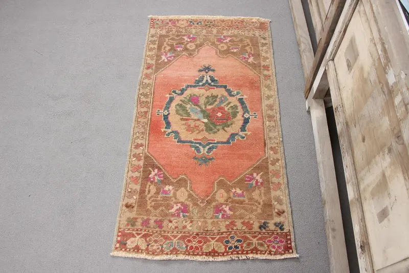 El Yapımı Kırmızı İran Halısı, Kahverengi Desenli 0,2x3,6 ft