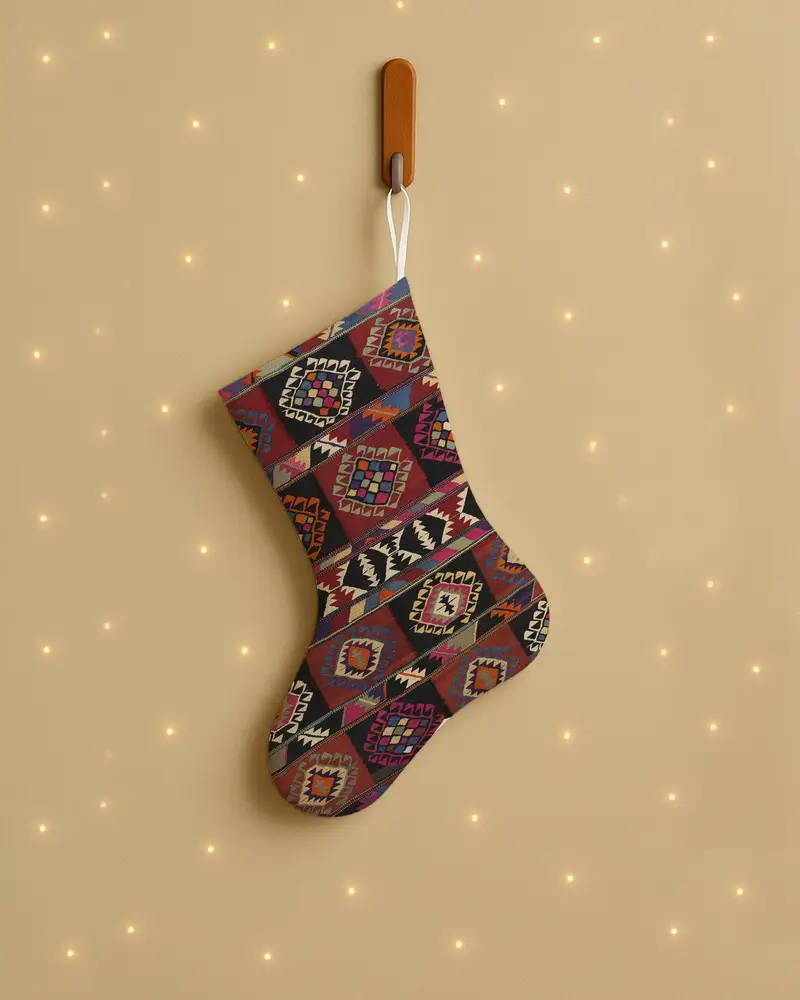 Red Christmas Stocking with Black Ornaments, Festive Holiday Decor