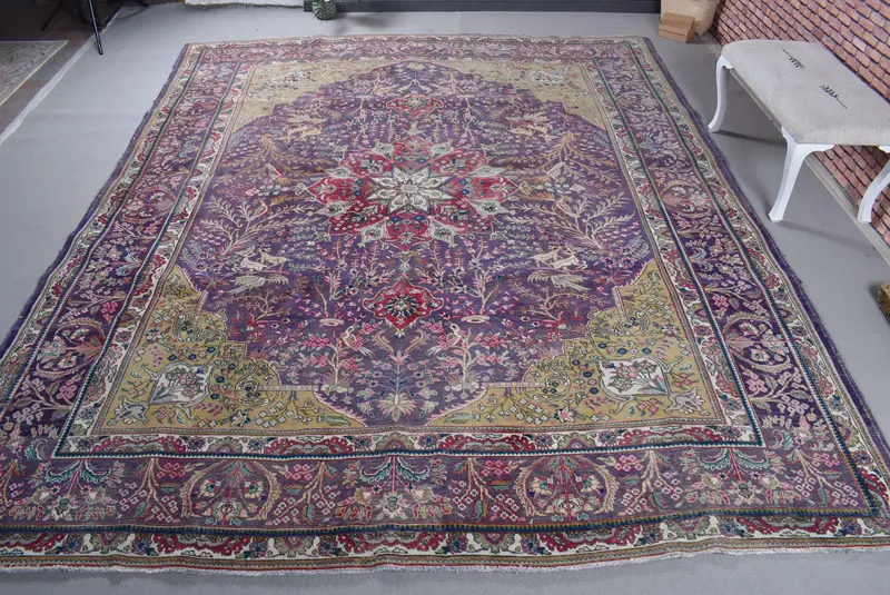 Purple & Green Check Rug, 9.6x11.9 ft Elegant Decor