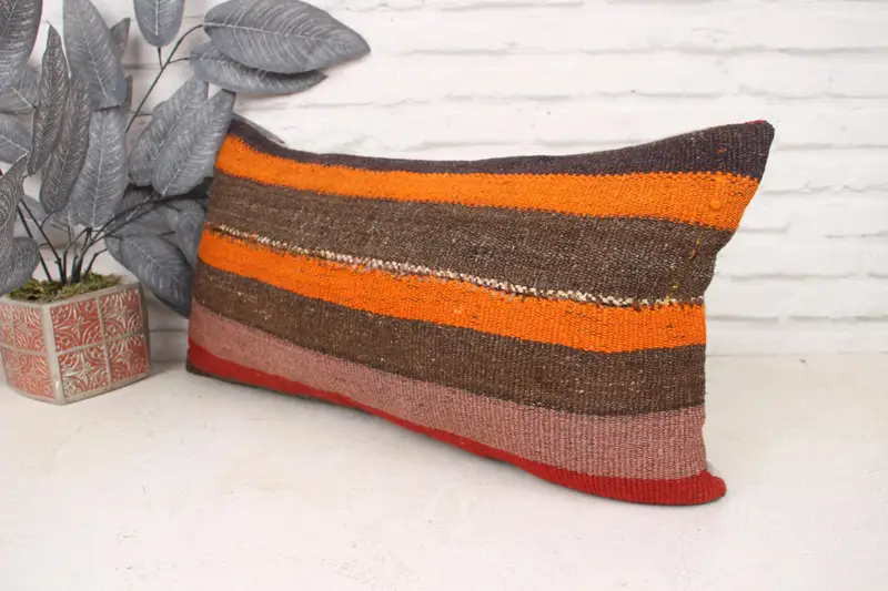 Vintage Pillow, Pillow Case, Vintage Throw Pillow Case, Vintage Kilim Pillow, Ethnical Kilim Rug Pillow, 12x24 Orange Pillow Sham - 4