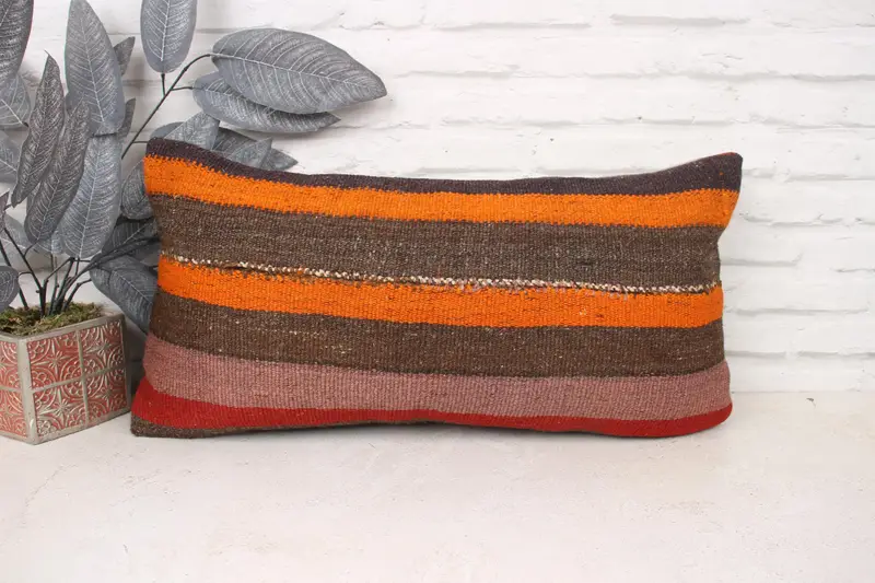 Vintage Pillow, Pillow Case, Vintage Throw Pillow Case, Vintage Kilim Pillow, Ethnical Kilim Rug Pillow, 12x24 Orange Pillow Sham - 1