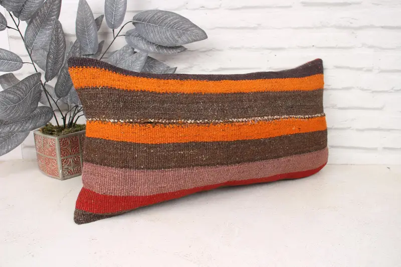 Vintage Pillow, Pillow Case, Vintage Throw Pillow Case, Vintage Kilim Pillow, Ethnical Kilim Rug Pillow, 12x24 Orange Pillow Sham - 3
