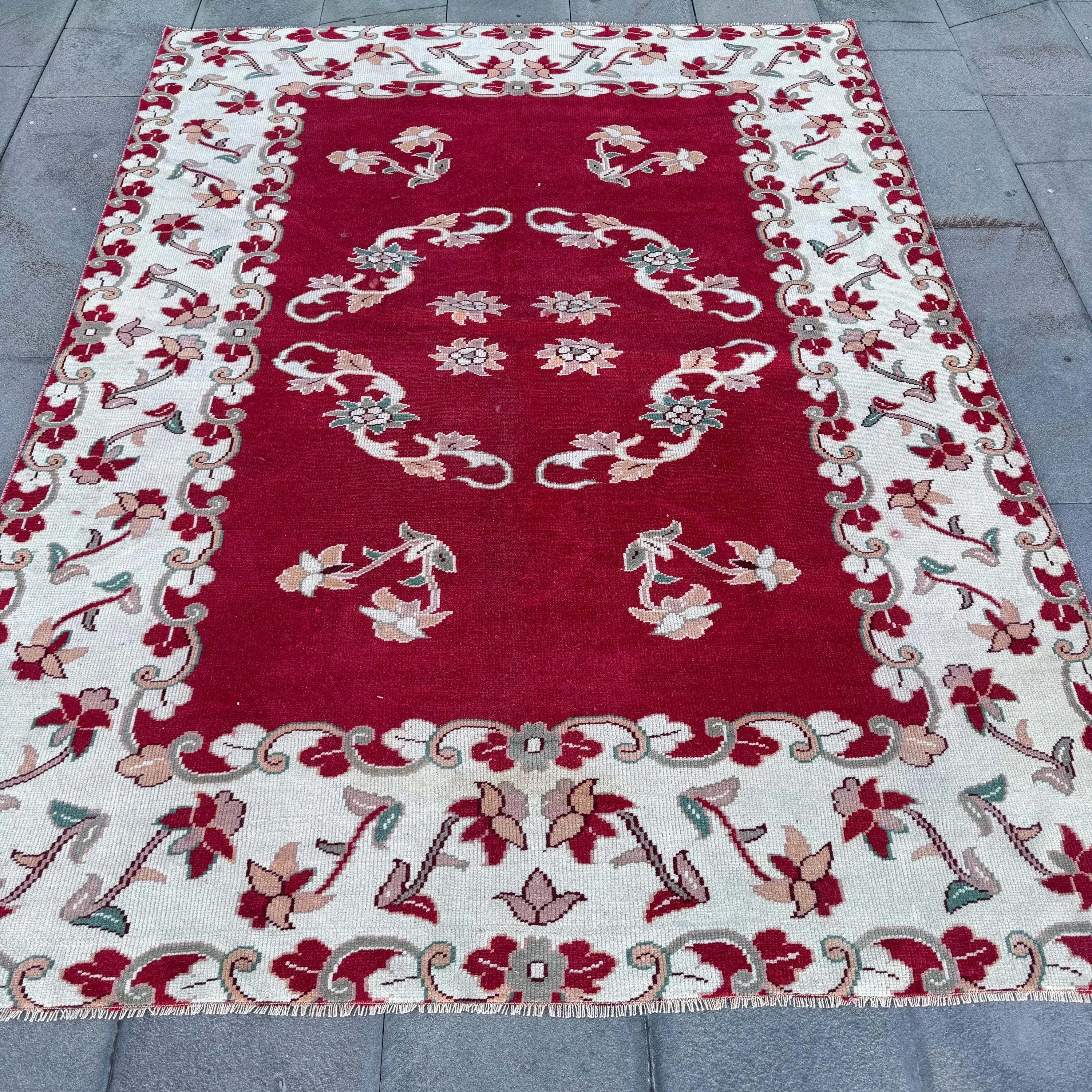 5.4x7.2 ft Vintage Rug, Red Check Turkish Rug Wool - 1