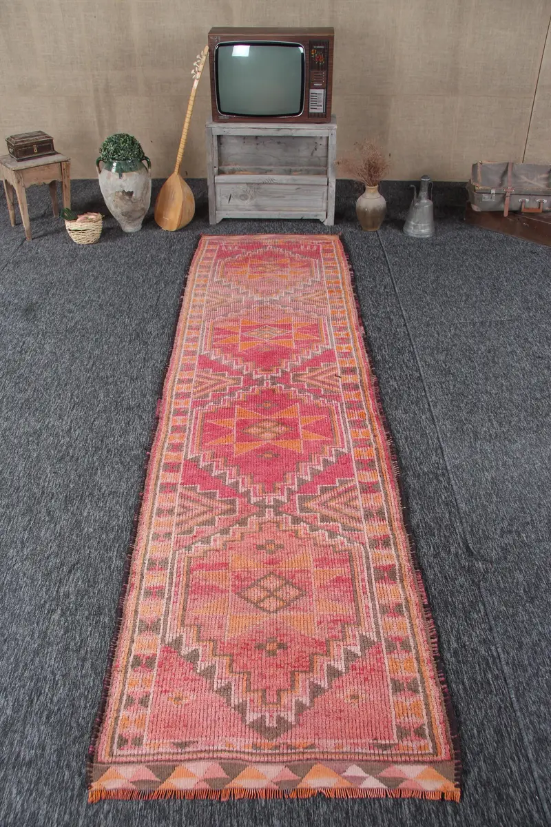 Vintage Herki Runner Rug 3x11.1 ft (92x338 cm), Turkish Red Ombré Wool Rug - 1