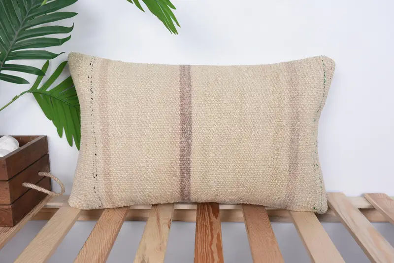 Pillow Sham, Handwoven Pillow Cover Cushion Case, Interior Designer Pillow, Turkish Kilim Pillow, 12x20 Beige Pillow Case, Turkish Pillow - 1