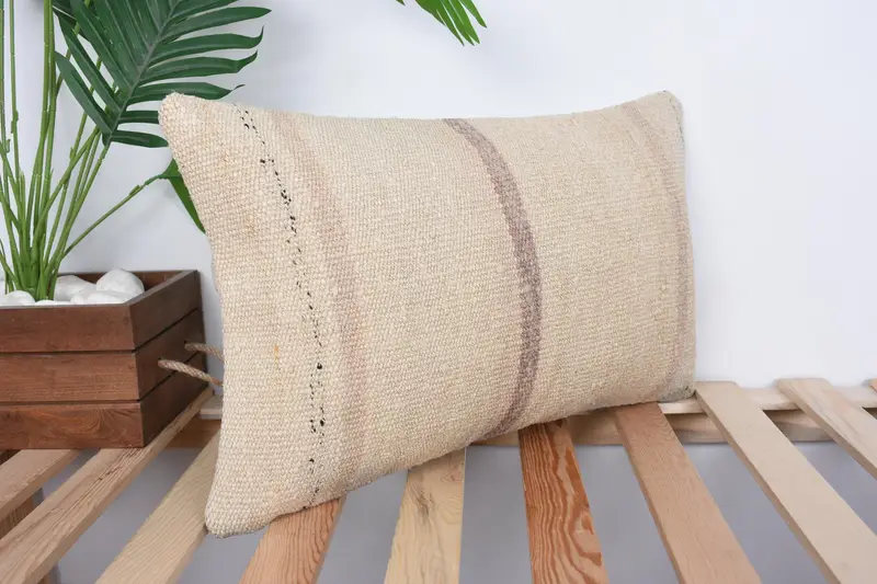 Pillow Sham, Handwoven Pillow Cover Cushion Case, Interior Designer Pillow, Turkish Kilim Pillow, 12x20 Beige Pillow Case, Turkish Pillow - 4