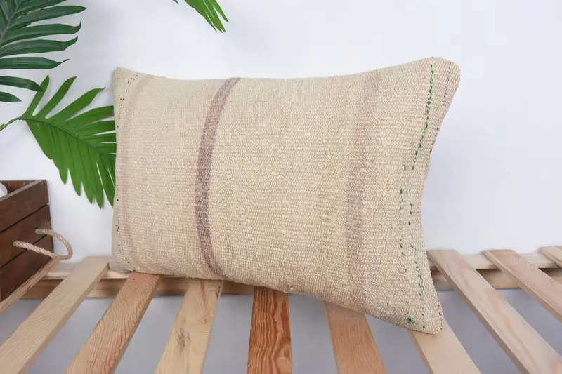 Pillow Sham, Handwoven Pillow Cover Cushion Case, Interior Designer Pillow, Turkish Kilim Pillow, 12x20 Beige Pillow Case, Turkish Pillow - 5