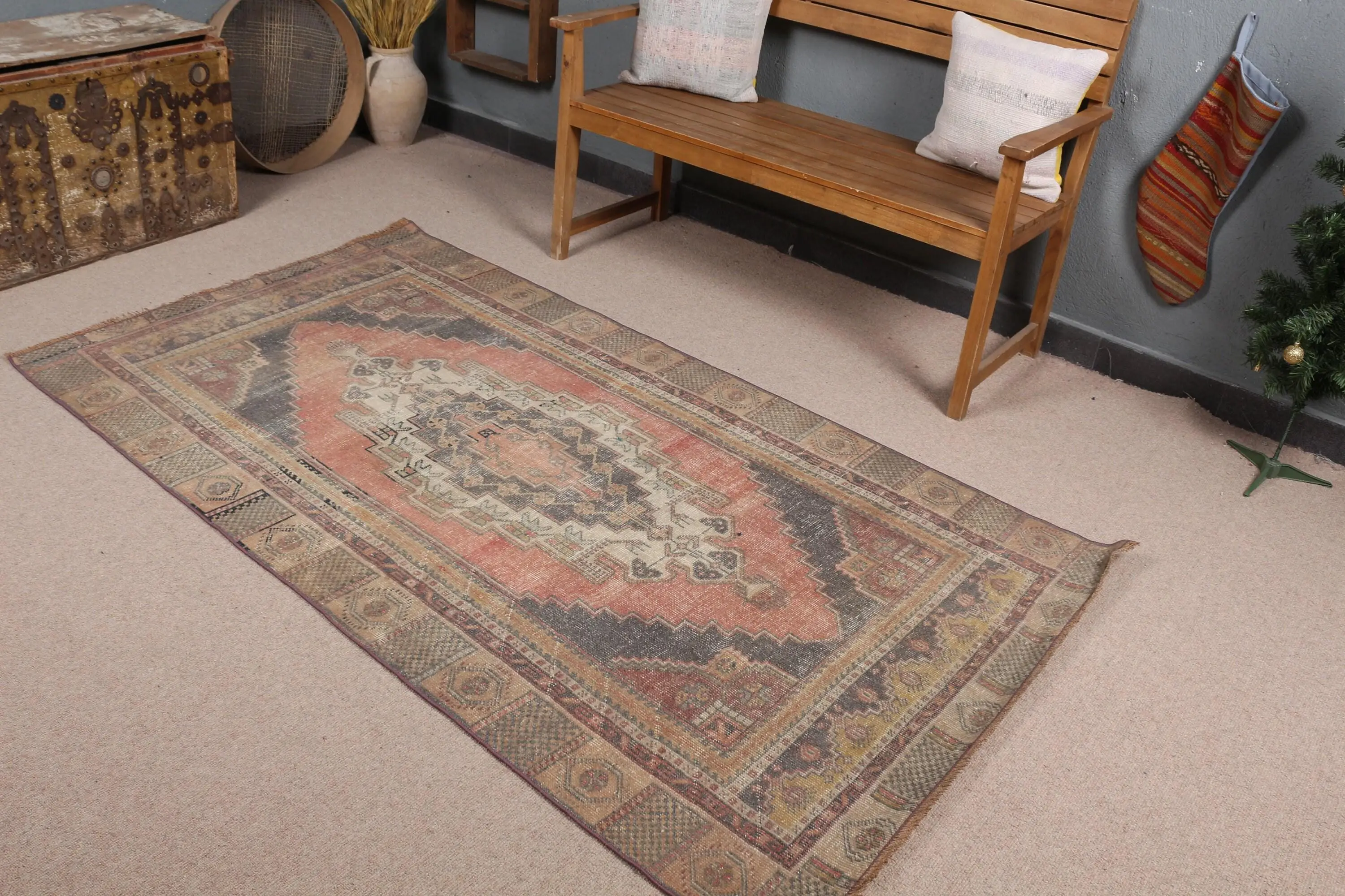 3.8x6.9 ft Vintage Rug, Turkish Area Rug, Red Ikat Wool Rug - 1