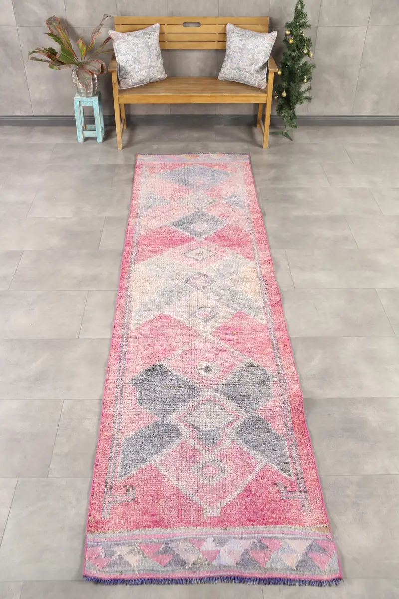 Vintage Türk Halısı 2.9x11.2 ft (88x340 cm), Herki Pembe Yün Halı - 1