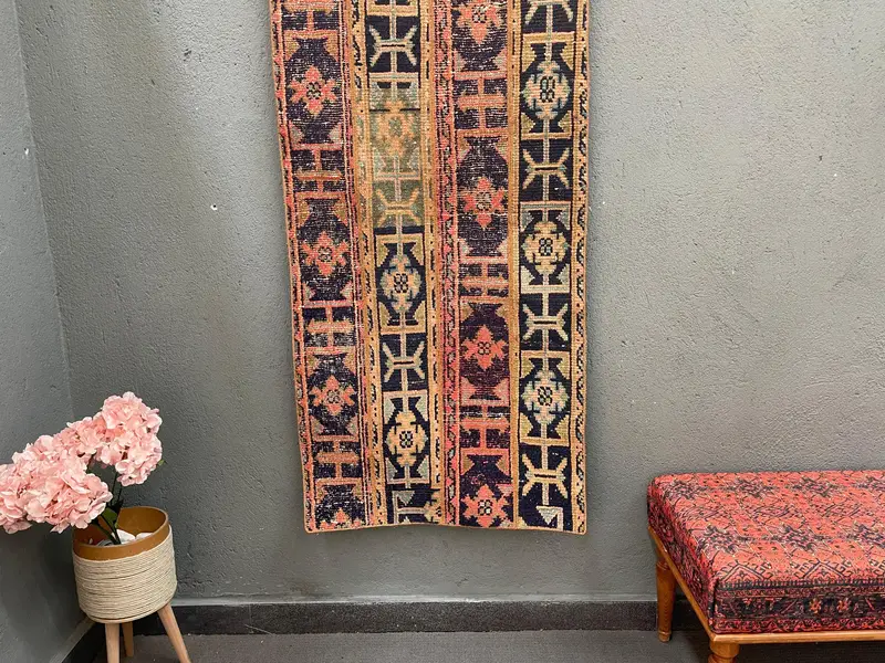 Vintage Turkish Rug, 2.4x5.2 ft Small Rug, Red Black Striped Rug - 1