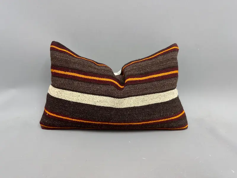 Pattern Throw Cushion Cover, Kilim Pillow, Floor Cushion, Cushion Case, Turkish Pillow, Vintage Kilim Pillow, 12x20 Brown Cushion Cover - 1