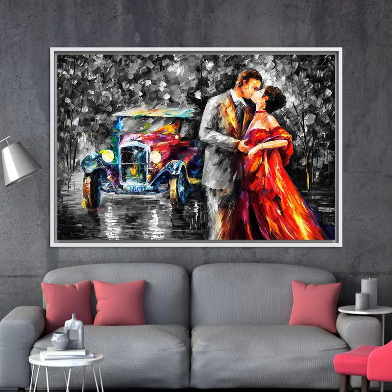 ヴィンテージカーキャンバス: ロマンチックなカップルの夜の風景プリント