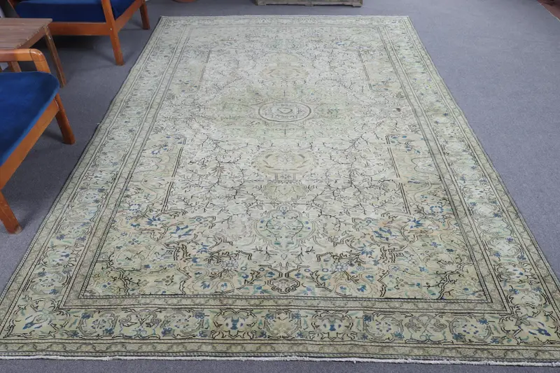 Türk Vintage Halı, 6.46x9.7 ft Oushak Halı, Mavi Yeşil Puantiyeli Halı - 1
