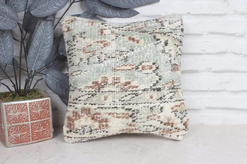 Ethnical Kilim Rug Pillow, Accent Pillow Sham, Aesthetic Pillow Case, Gift Pillow, Pillow Sham, 12x12 Green Cushion, Kilim Cushion Sham - 1