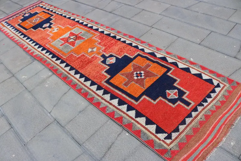 3x11.6 ft Herki Turkish Rug, Red Camouflage Vintage Rug Wool - 1