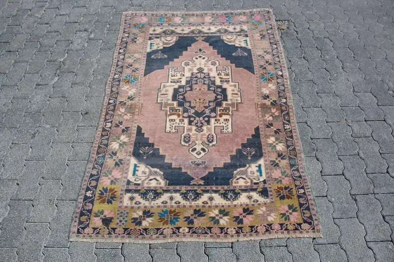 Oushak Vintage Teppich, 3,37x5,5 ft türkischer Teppich, blauer Patchwork Wollteppich - 1