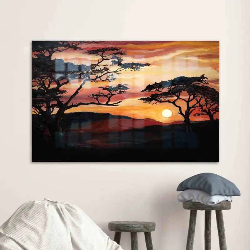 Zarif Baskılı Cam: Afrika Gün Batımı Doğa Manzarası