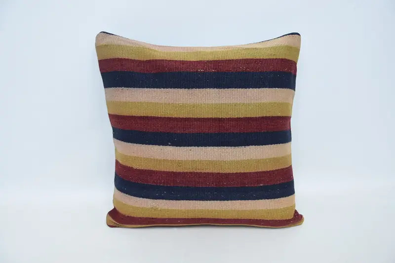 Square Striped Turkish Pillow Case, Moroccan 24x24 inch FloorYellow Wool Pillow Cover - 1