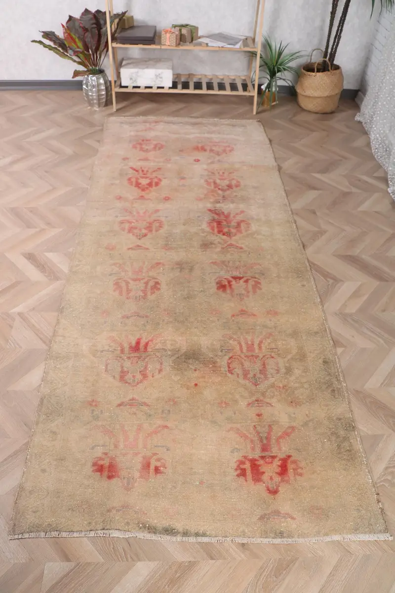 Vintage Runner Halı 3,6x9 ft, Kahverengi Kırmızı Kareli Halı Yün - 1