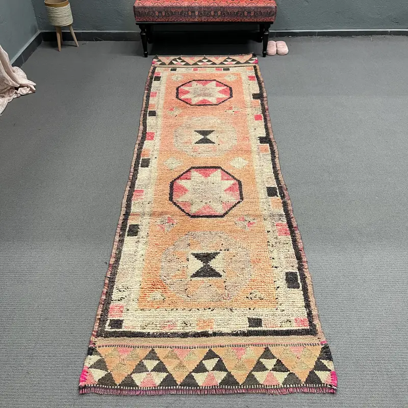 Vintage Runner Rug, 3.1x10.1 ft Turkish Rug, Orange Herki Wool Rug - 1