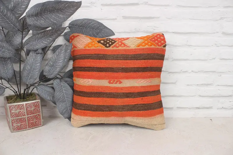 Boho Pillow, Vintage Kilim Throw Pillow, Throw Kilim Pillow, 14x14 Orange Pillow Cover, Yoga Pillow, Cushion, Outdoor Cushion Case, Luxury Cushion - 1