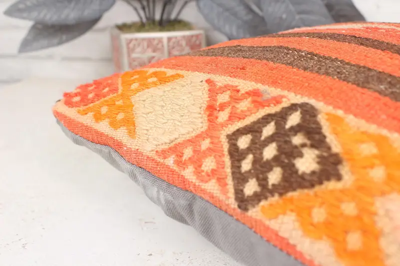 Boho Pillow, Vintage Kilim Throw Pillow, Throw Kilim Pillow, 14x14 Orange Pillow Cover, Yoga Pillow, Cushion, Outdoor Cushion Case, Luxury Cushion - 7