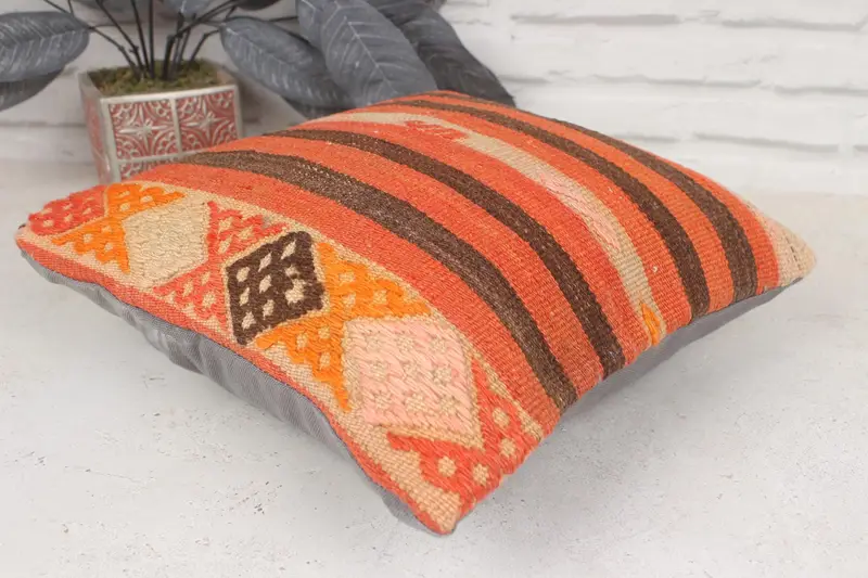 Boho Pillow, Vintage Kilim Throw Pillow, Throw Kilim Pillow, 14x14 Orange Pillow Cover, Yoga Pillow, Cushion, Outdoor Cushion Case, Luxury Cushion - 6