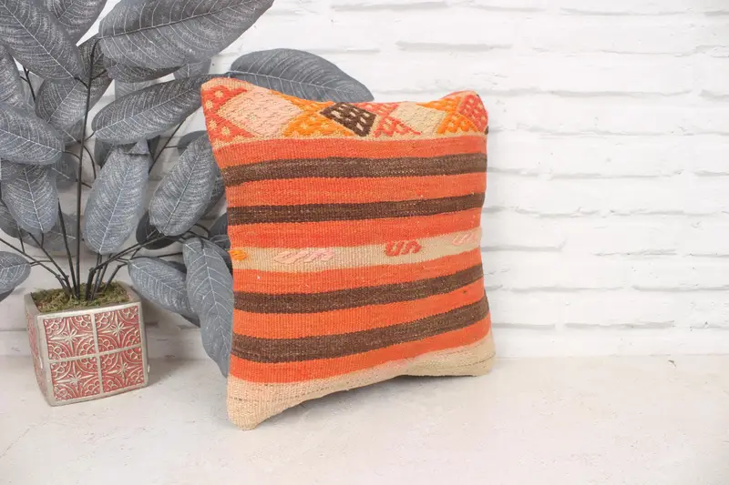 Boho Pillow, Vintage Kilim Throw Pillow, Throw Kilim Pillow, 14x14 Orange Pillow Cover, Yoga Pillow, Cushion, Outdoor Cushion Case, Luxury Cushion - 3