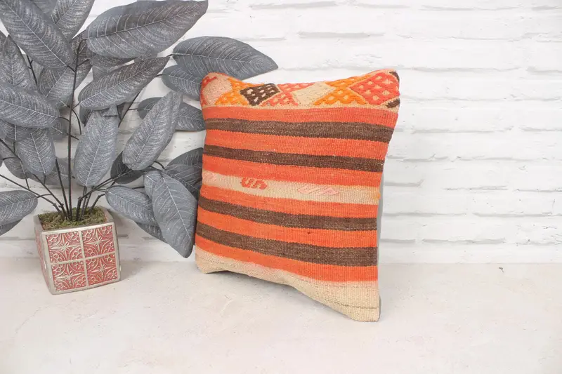 Boho Pillow, Vintage Kilim Throw Pillow, Throw Kilim Pillow, 14x14 Orange Pillow Cover, Yoga Pillow, Cushion, Outdoor Cushion Case, Luxury Cushion - 4