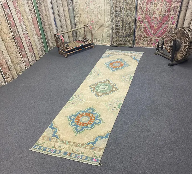 2.9x10.6 ft Turkish Oushak Rug, Blue Patchwork Vintage Wool Rug - 1