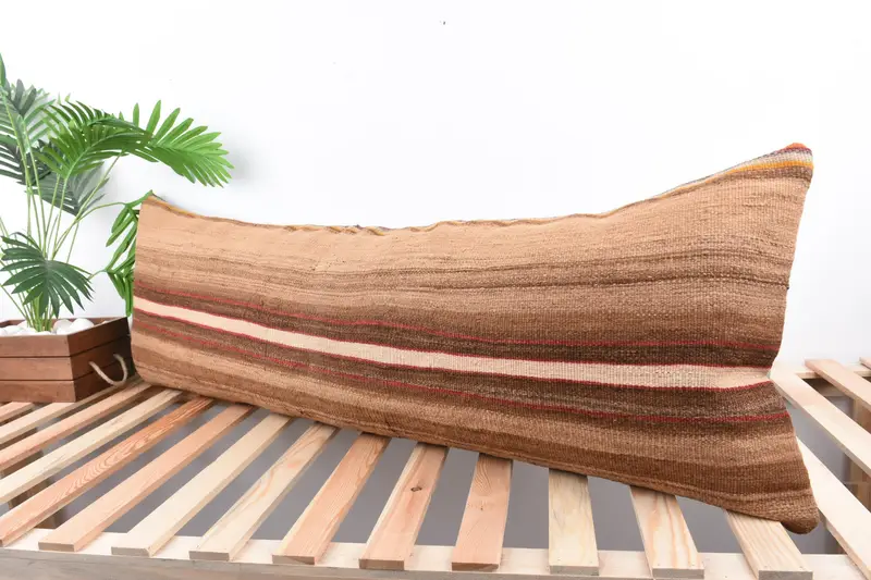 Wool Kilim Pillow Cushion, Turkish Kilim Pillow, Pillow for Sofa, Throw Kilim Pillow, 16x48 Brown Pillow Sham, Pillow Cover - 5