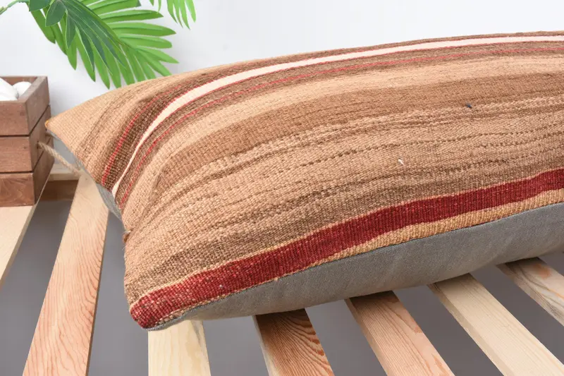 Wool Kilim Pillow Cushion, Turkish Kilim Pillow, Pillow for Sofa, Throw Kilim Pillow, 16x48 Brown Pillow Sham, Pillow Cover - 6