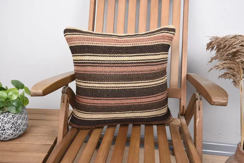Vintage Chair Striped Pillow Case, DesignerBeige Moroccan 18x18 inch Coastal Euro Sham - 1
