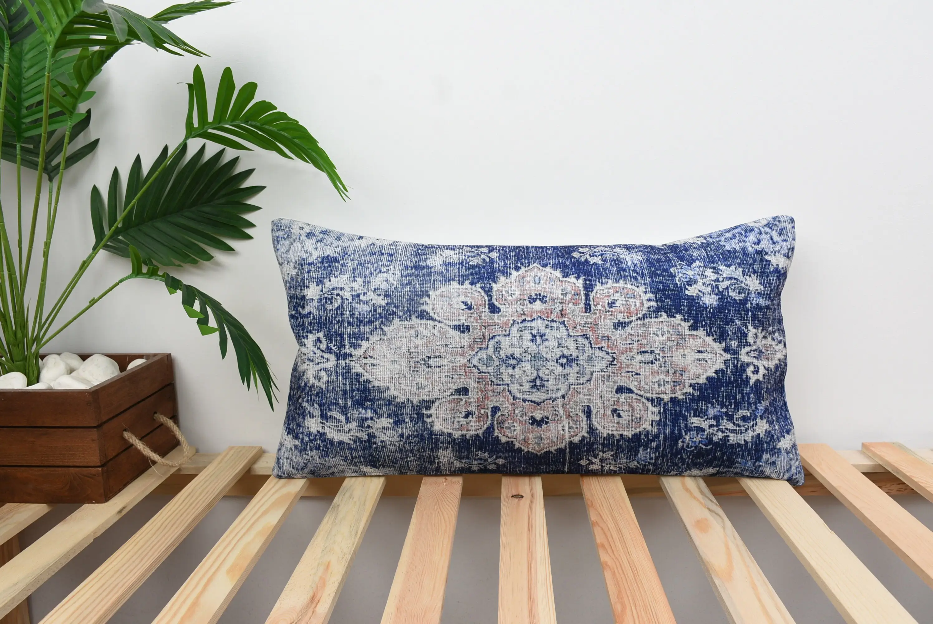 Handmade Blue & Beige Striped Throw Pillow, Vintage Square Pillow - 1