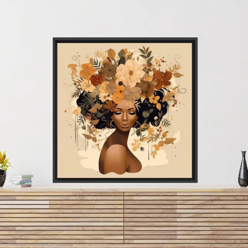 エレガントなアフリカの女性と花のキャンバス、ソフトトーンのプリント
