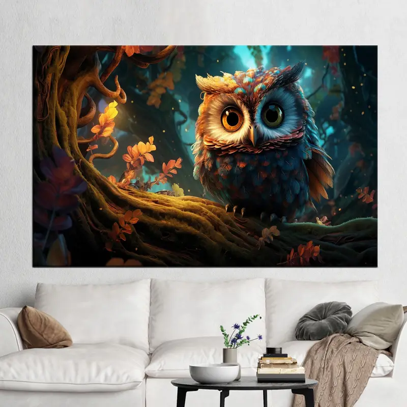 Surreal Owl Canvas: Big Eyes, Tree, Owl on Branch Art Print