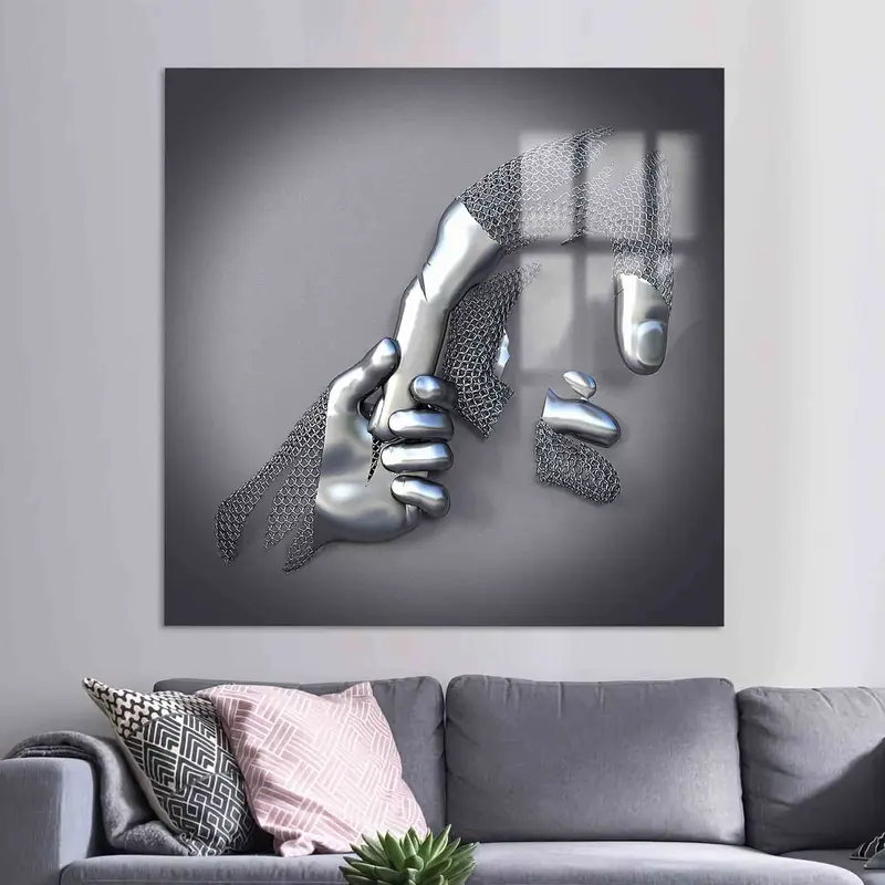 Çağdaş Gümüş Metalik Baskılı Kanvas - Trendy 3D El Efekti