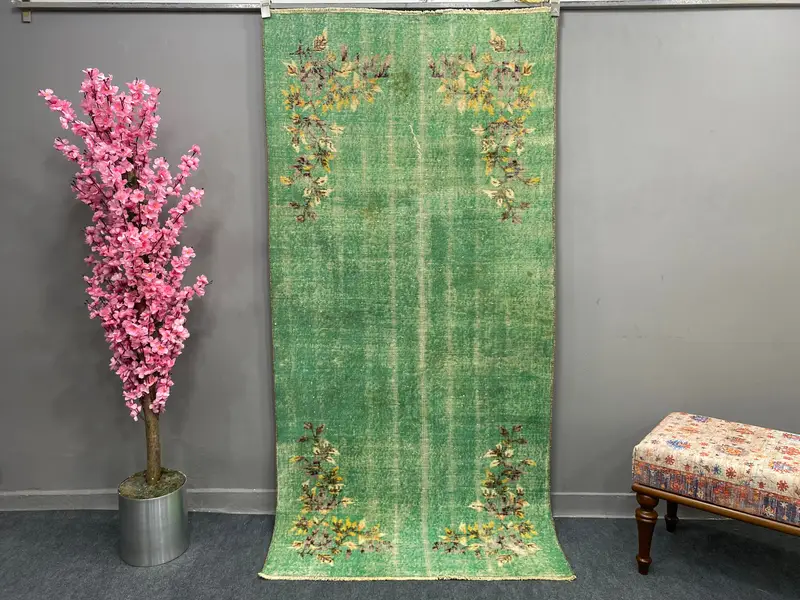 Grüner geometrischer Teppich, 3,6 x 7,4 Fuß, elegantes Blumenmuster