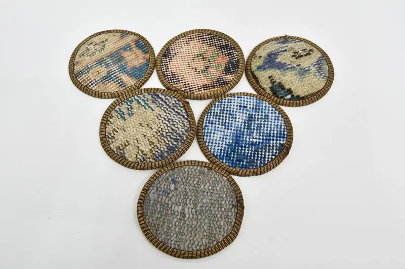 Juego de posavasos redondos azules y beige, posavasos de alfombras naturales de primera calidad