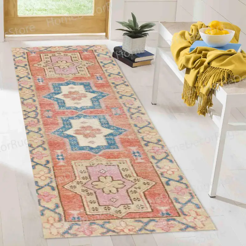 Orange-blauer Navajo-Teppich mit geometrischem Kelim-Aufdruck – moderne Eleganz