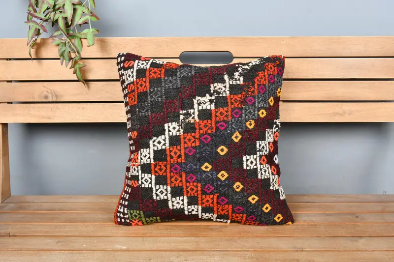18x18 Orange Cushion Cover, Gift Pillow, Vintage Kilim Throw Pillow, Kilim Cushion Sham, Pillow Sham, Decorative Cushion Case - 6