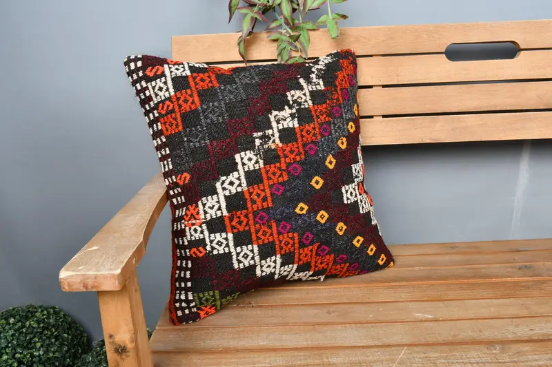 18x18 Orange Cushion Cover, Gift Pillow, Vintage Kilim Throw Pillow, Kilim Cushion Sham, Pillow Sham, Decorative Cushion Case - 1