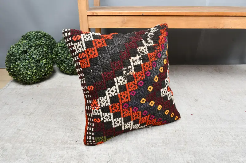 18x18 Orange Cushion Cover, Gift Pillow, Vintage Kilim Throw Pillow, Kilim Cushion Sham, Pillow Sham, Decorative Cushion Case - 7