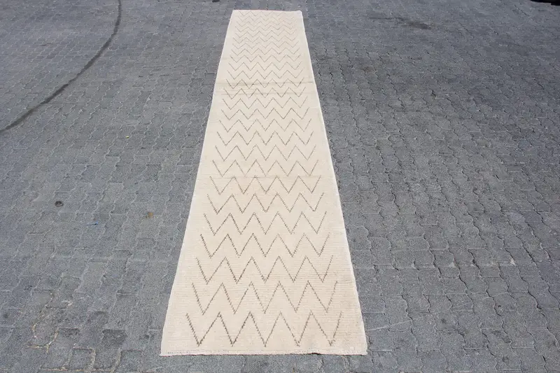 3x16.3 ft Vintage Rug, Turkish Runner Rug, White Ikat Wool Rug - 1