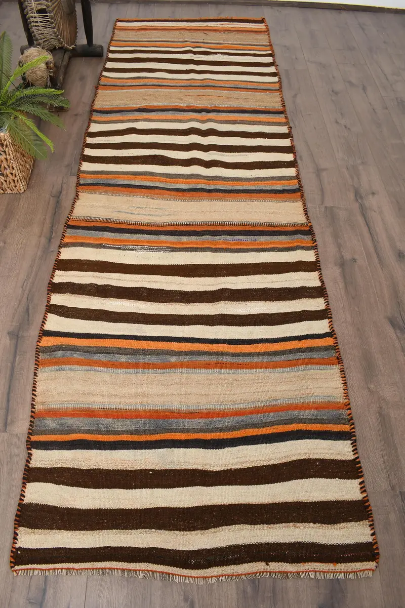 Vintage Türk Kilim Yolluk Halısı 3,2x10,7 ft, Kahverengi Yün Halı - 1
