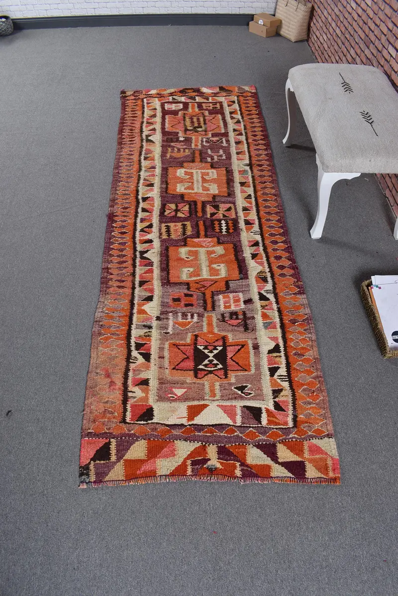 2.8x8.8 ft Runner Vintage Rug, Turkish Rug, Red Orange Plants & trees Wool Rug - 1